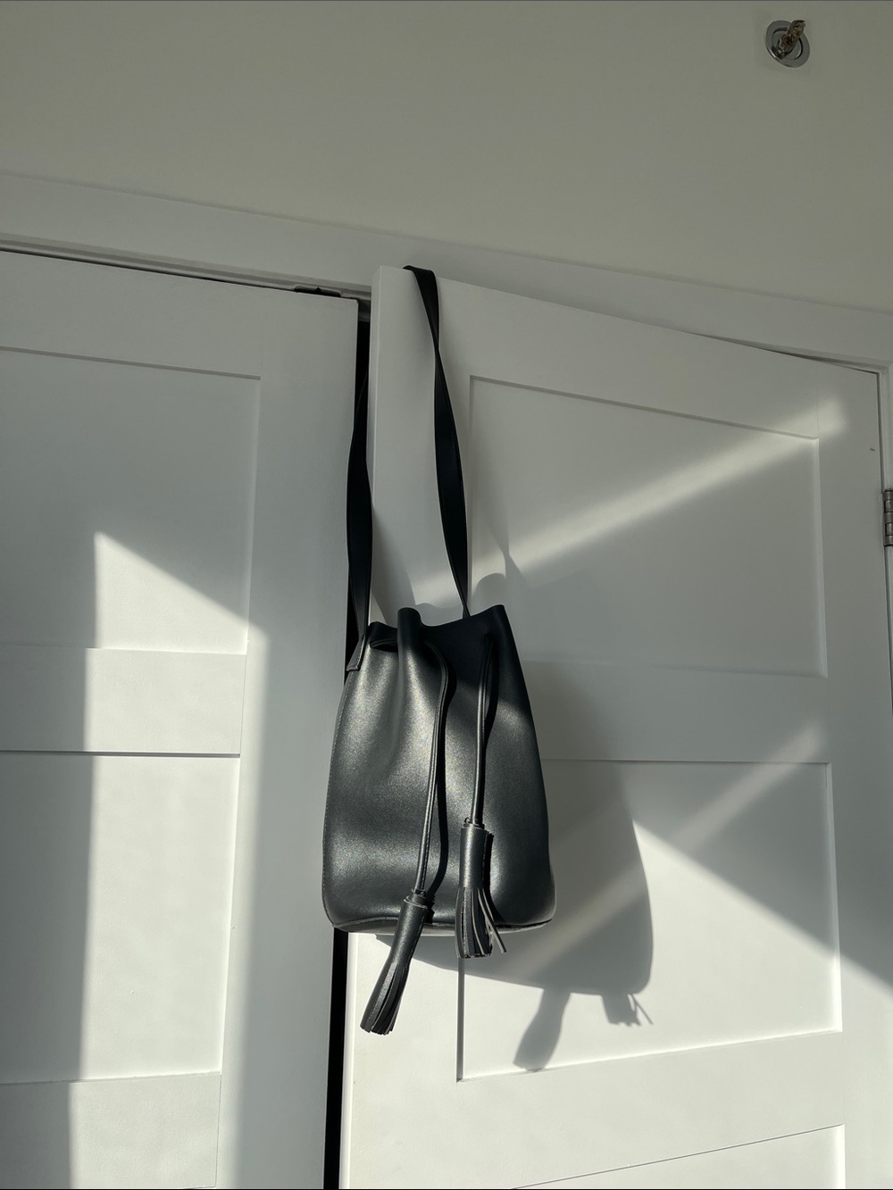 Black Fake Leather Drawstring Bucket Bag - Women